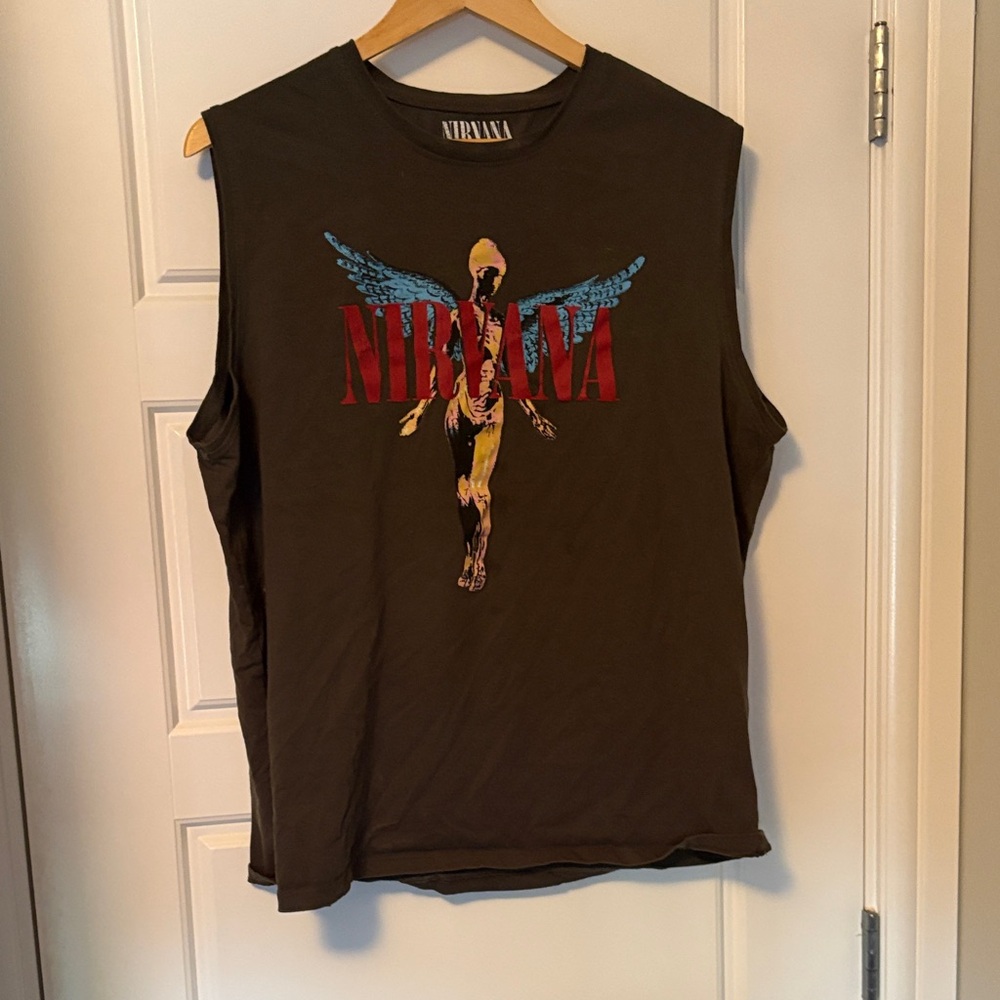 NIRVANA Dark Green Tee with Red and Blue Graphic